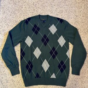 Vintage Y2K Club Room V-Neck Sweater in Green and Gray Argyle Size Small